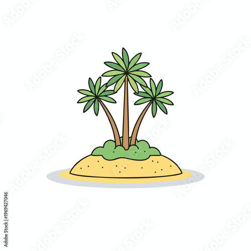 A cartoon island with three palm trees and a sandy shore