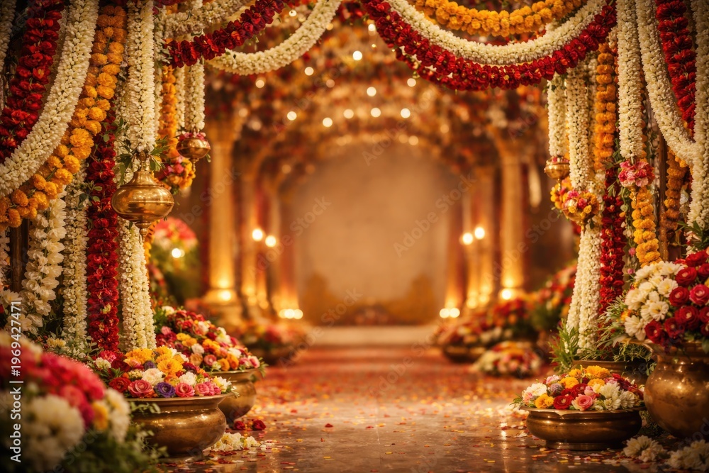 Fototapeta premium Traditional wedding decor with colorful jasmine garlands and copy space for personalization