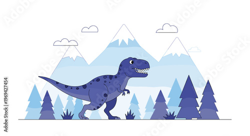 Powerful blue tyrannosaurus rex dinosaur walking through a snowy mountain landscape with pine trees and soft clouds.