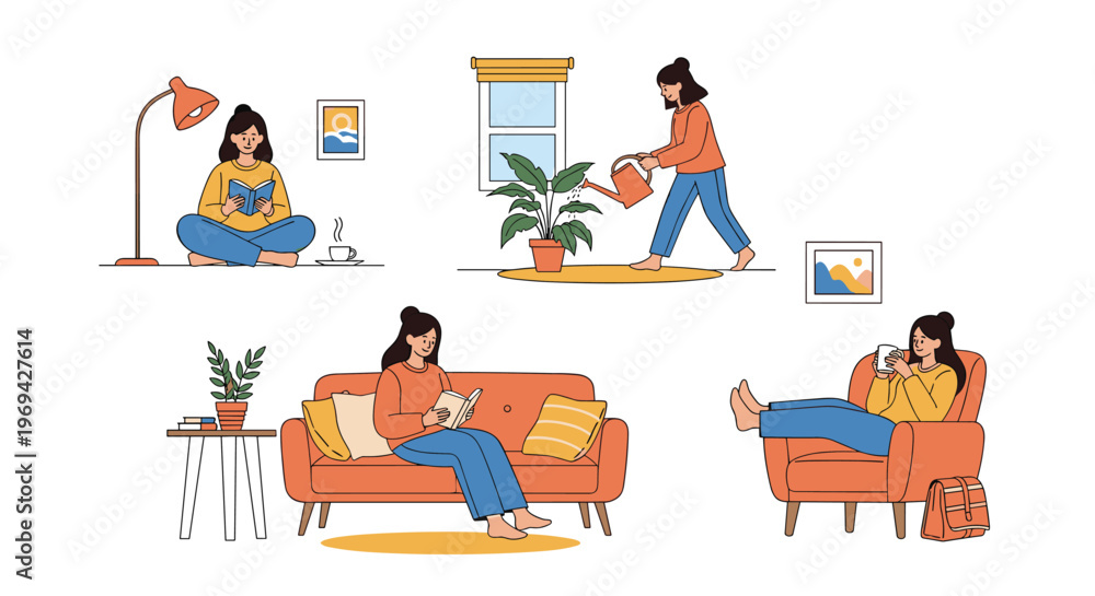 Fototapeta premium Set of illustrations showing a young woman reading a book watering plants and drinking coffee while relaxing at home.