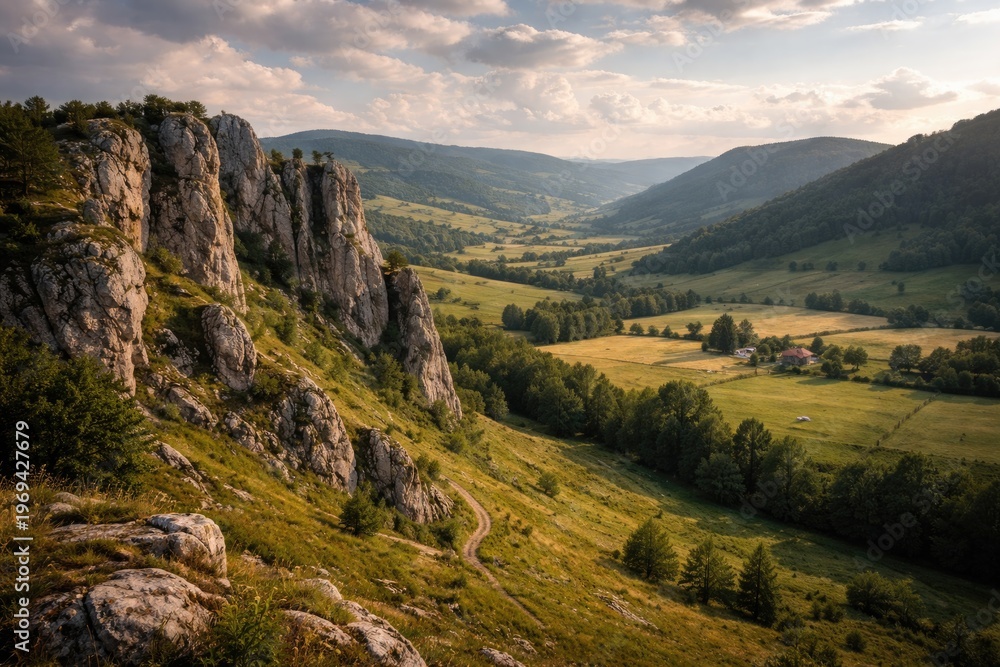 Fototapeta premium Scenic rural landscape with rocky cliffs and open fields