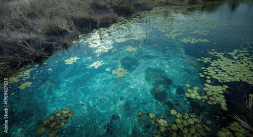Toxic salt marsh environment with hydrogen sulfide gas turning water blue and killing algae with copy space