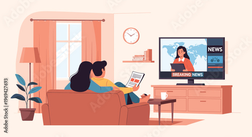 Young couple sitting on a cozy sofa in their living room watching breaking news broadcast on a large television screen.