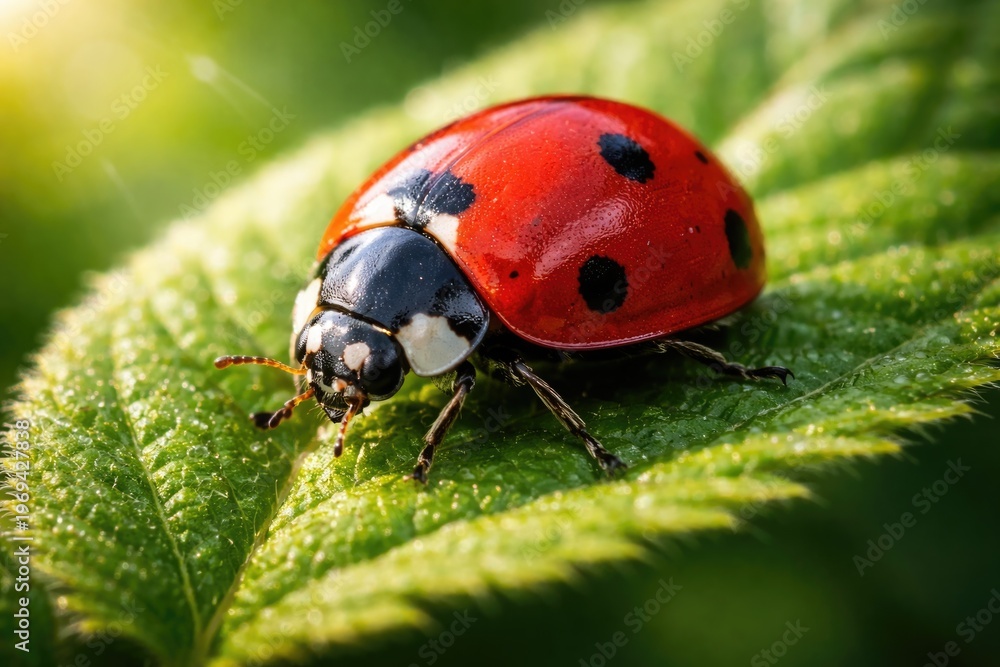 Fototapeta premium close up macro shot of a red ladybird on green leaf