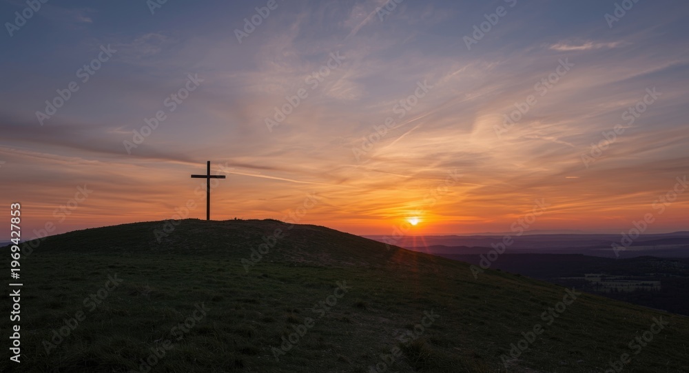 Obraz premium Lonely cross standing on a grassy hill at sunset