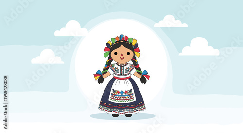 Traditional mexican rag doll with colorful braided hair and embroidered dress against a sunny cloud filled sky.