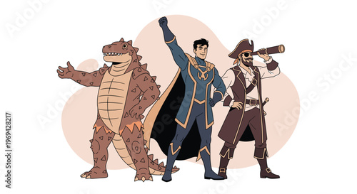 Group of heroic characters standing together including a man in a dinosaur suit a powerful superhero and a brave pirate.