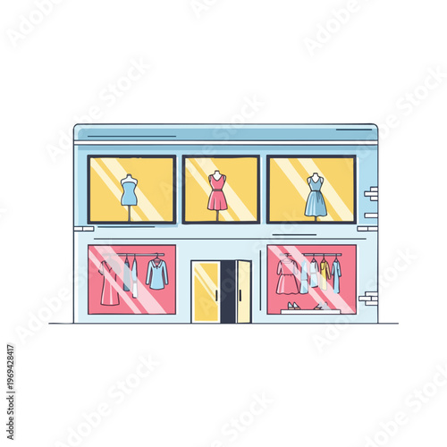 Two-story clothing store with mannequins in upper windows and apparel in lower