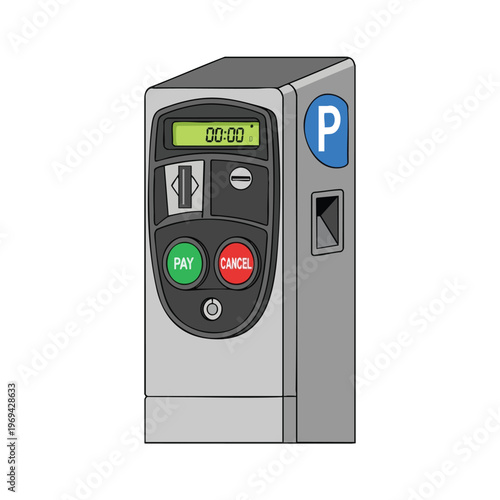A grey parking meter with a green display, slots, and buttons for paying or canceling