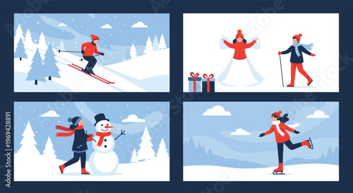 Set of four winter activity scenes showing people skiing making snow angels building a snowman and ice skating.