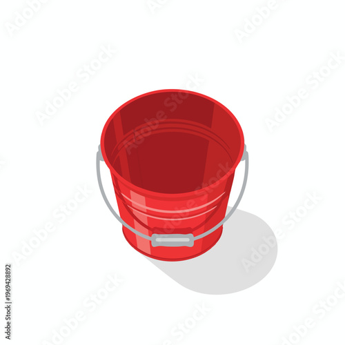 A red metal bucket with a gray handle casts a shadow on a white background