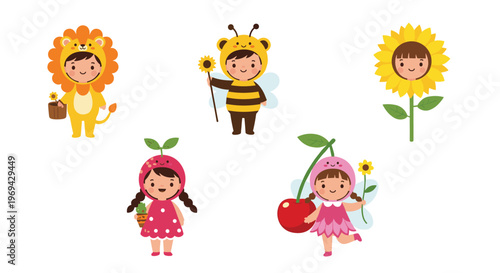 Group of cute children dressed in nature themed costumes including a lion bee sunflower strawberry and cherry.