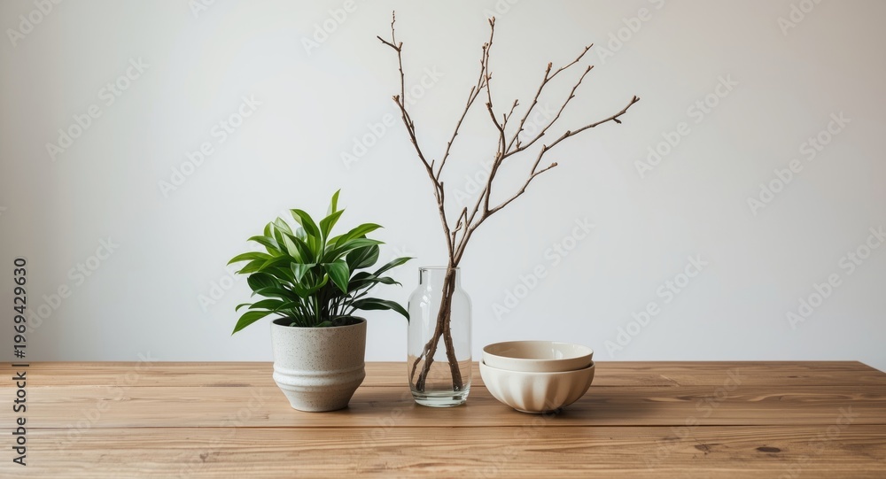 Fototapeta premium Wood table arranged with a lively potted plant, combined with bowls and a slender twig vase centerpiece