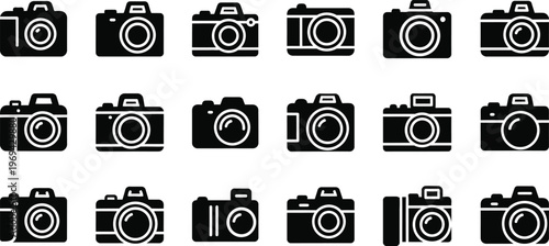Collection of vintage and modern camera icons in black and white