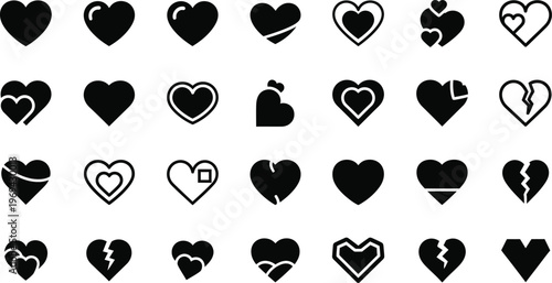 Collection of black heart icons with various designs and states