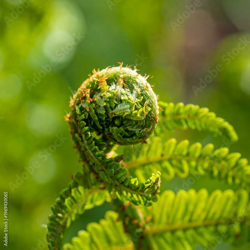 A tightly curled green fern frond surrounded by lush foliage