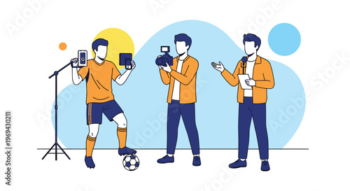 Media production team conducting an outdoor mobile interview featuring a soccer player cameraman and a journalist.