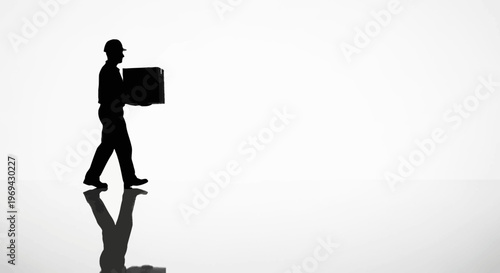 Delivery man silhouette carrying box, walking on reflective surface, white background