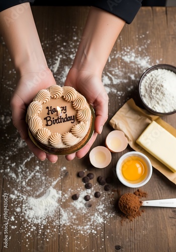Homemade Birthday Cake with Baking Ingredients Displayed on Wooden Surface