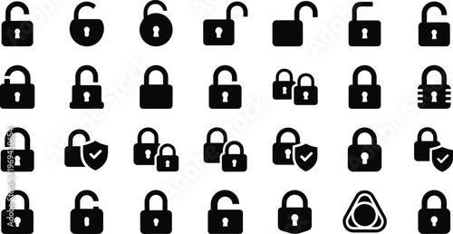 Collection of black lock icons security protection and privacy symbols