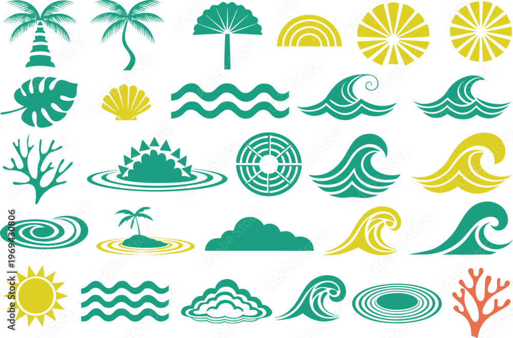 Obraz premium Set of tropical summer beach elements in flat vector illustration style