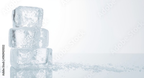 Textured ice cubes stacked on a bright white surface with copy space