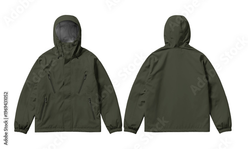 Outdoor envision a dark green jackets front and back for versatile weather protection.