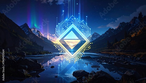 A serene mountain landscape with a glowing blue geometric shape