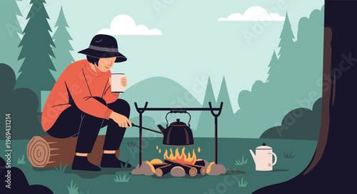 Solo traveler wearing a hat sits on a log in the forest while boiling water in a kettle over a campfire for a hot morning coffee.
