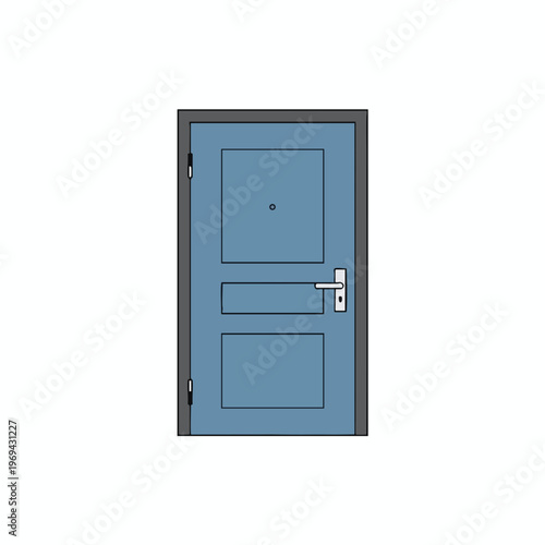 Simple blue paneled door with silver handle and hinges, isolated on white