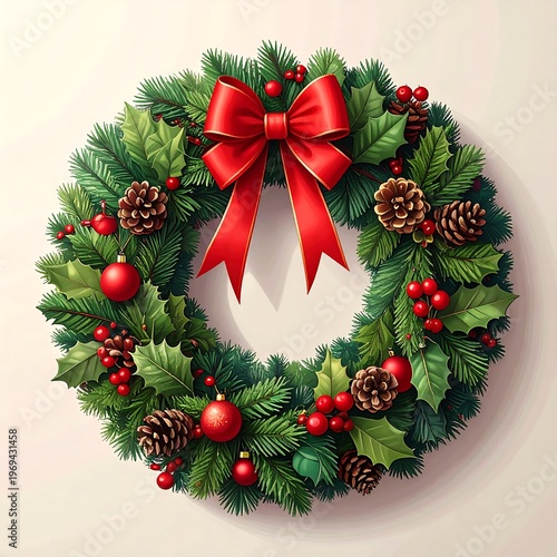 A festive Christmas wreath with red bow and decorations
