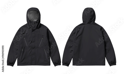 Foto Outdoor front and back views of a black hooded jacket perfect for adventures