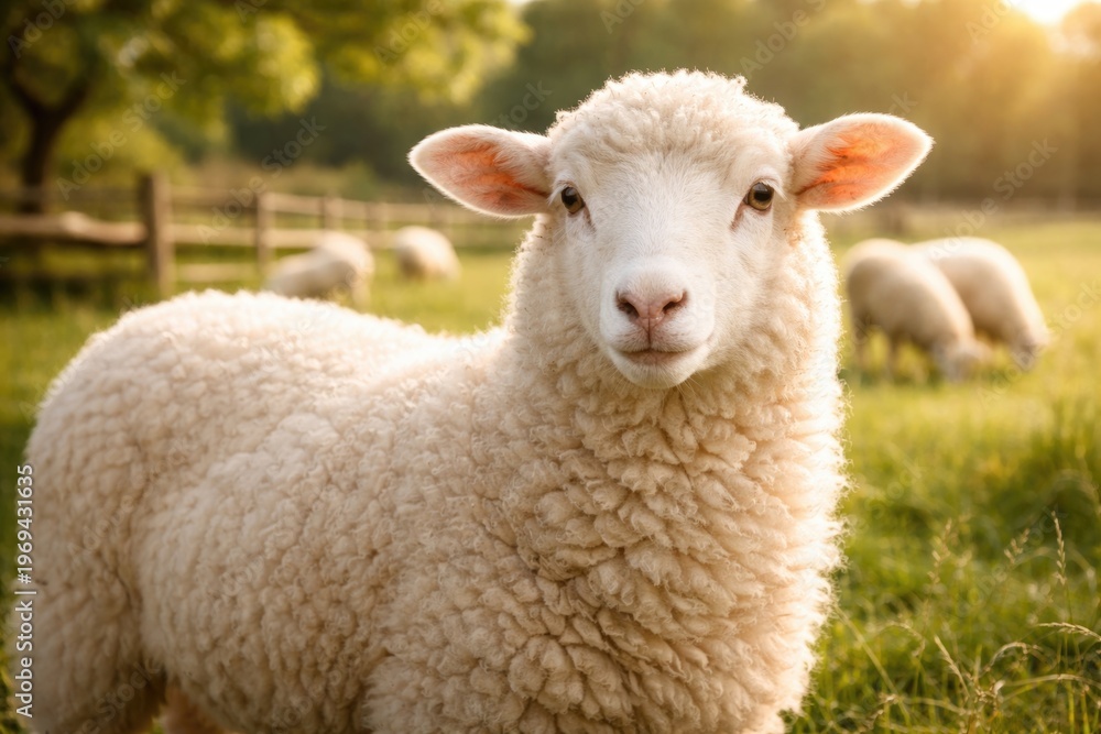 Obraz premium Gentle white sheep with soft fur in a peaceful farm environment