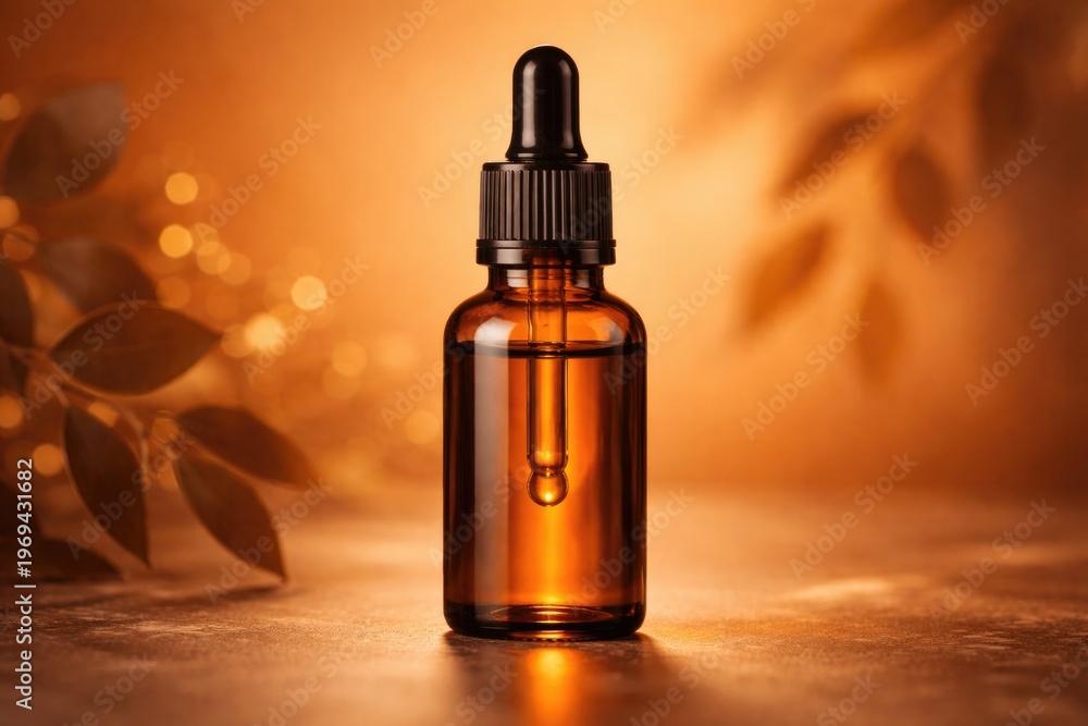 Naklejka premium Skincare dropper bottle with brown glass on warm orange backdrop for cosmetic branding