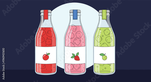 Three glass bottles of fruit juice in apple, strawberry, and lime flavors with ice cubes and colorful labels on a dark background.