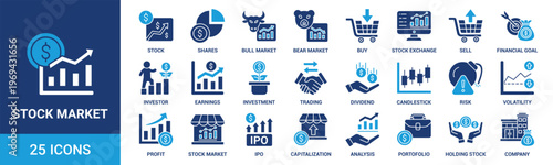 Stock market icon set. Containing stock, shares, bull market, bear market, buy, exchange, sell, financial, investor and more. Solid vector icons collection.