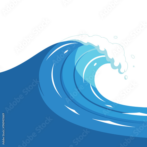 A crashing blue ocean wave with white foam against a plain white background
