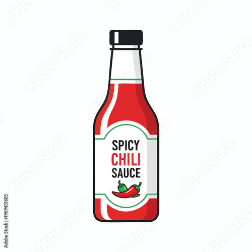 A bottle of red spicy chili sauce with a white label featuring chili peppers