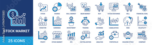 Stock market icon set. Containing stock, shares, bull market, bear market, buy, exchange, sell, financial, investor and more. Blue vector icons collection.