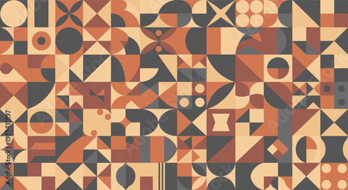 Abstract geometric mosaic pattern background with a variety of shapes in earthy tones of brown, gray, and beige for modern decor.