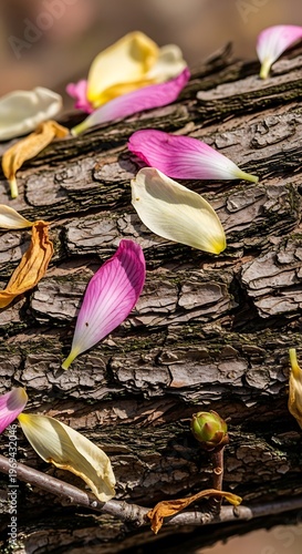 Magnolia petals on rough tree bark with bud and twig