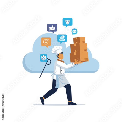 Chef juggling food delivery boxes in front of cloud kitchen icons, flat design vector illustration, This graphic is ideal for food delivery, tech, and business concepts.