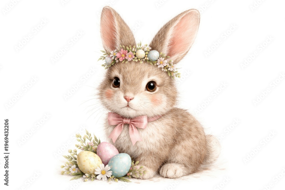 Obraz premium Cute Easter Bunny with Floral Crown and Colored Eggs on White Background