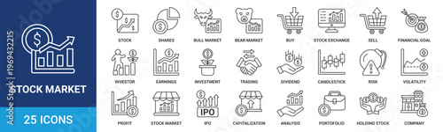 Stock market icon set. Containing stock, shares, bull market, bear market, buy, exchange, sell, financial, investor and more. Outline vector icons collection.