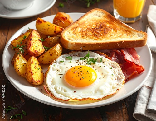 A plate of breakfast food with egg, toast, potatoes, and bacon on a table