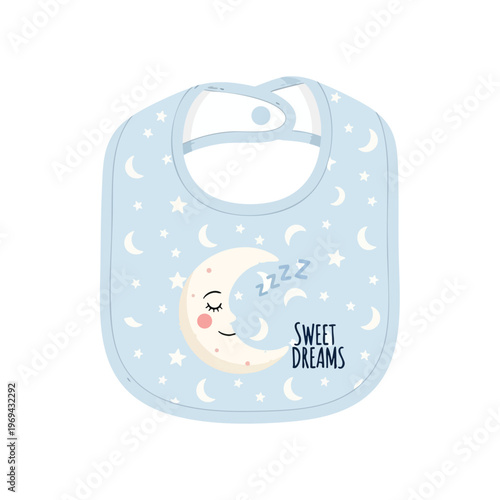 Cute baby bib with sleeping moon, stars, and "Sweet Dreams" text