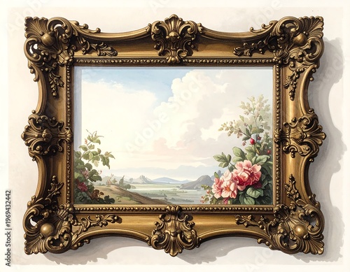 A serene landscape painting in an ornate gold frame
