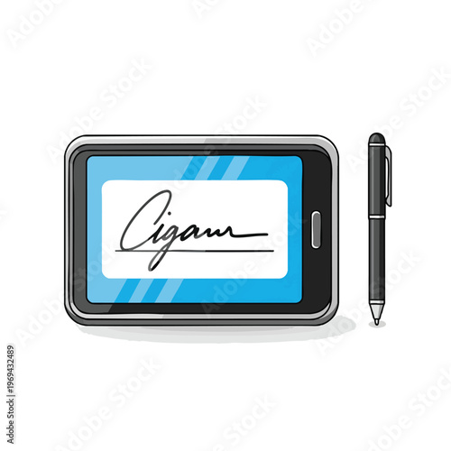 Device shows signature on screen, beside it lies a stylus