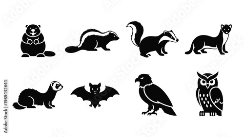 A collection of various north american wildlife animals depicted in a stark black style silhouette high quality professional detailed modern elegant