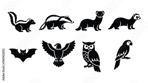 A collection of diverse animal silhouettes including mammals birds and a bat presented in a stark black design silhouette high quality